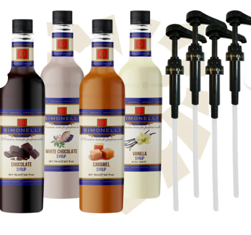 SİMONELLİ ŞURUP (Kahve ve Kokteyl )700 ml 4’lü Set ( Karamel+Vanilya+Çikolata+Beyaz Çikolata ) + 4 şurup pompa